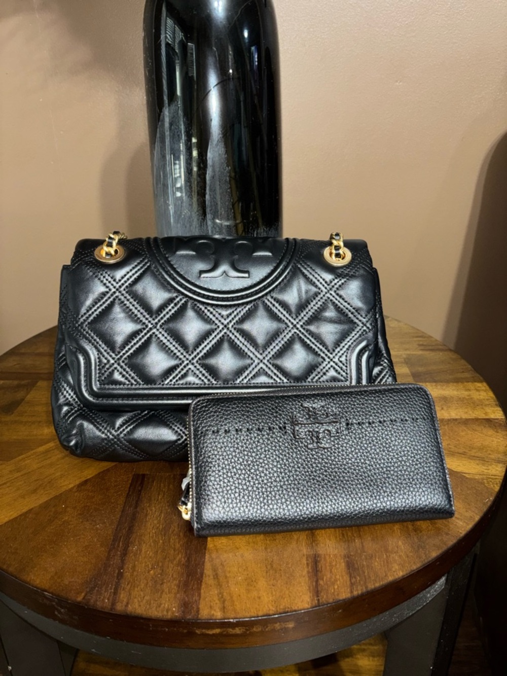 Tory Burch Black Quilted Leather Shoulder Bag with Matching Black Wallet